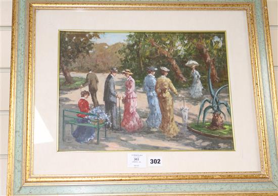 Liberti, oil on canvas laid on board, figures in a park 28 x 38cm